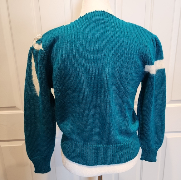 Vintage Jaclyn Smith sweater 80s 90s bow v neck beaded shoulder pads green blue - Picture 4 of 7